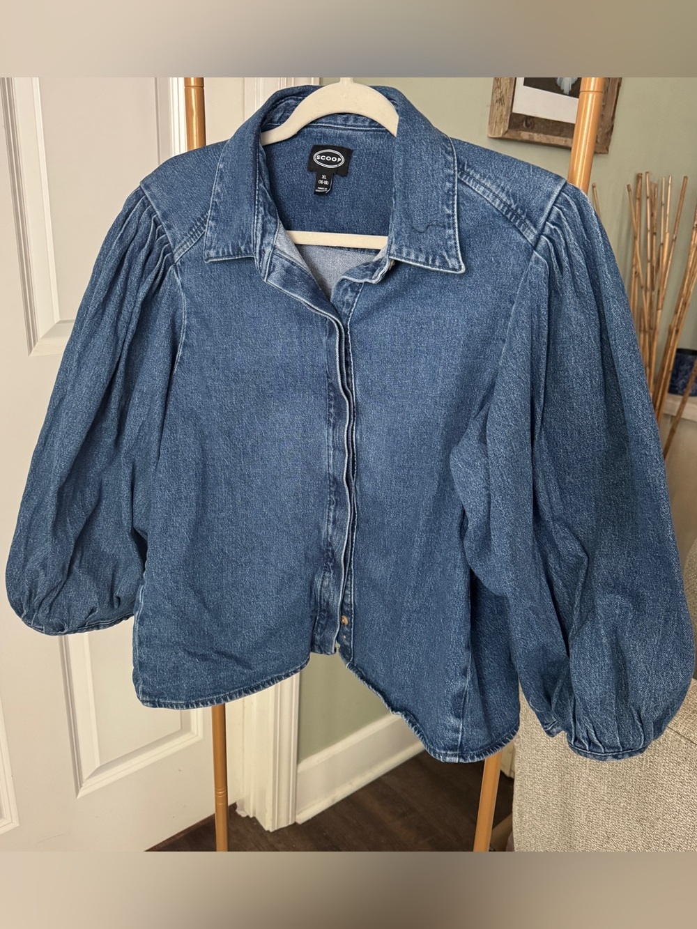 Scoop Denim Puff-Sleeve Button-Down Shirt - Blue